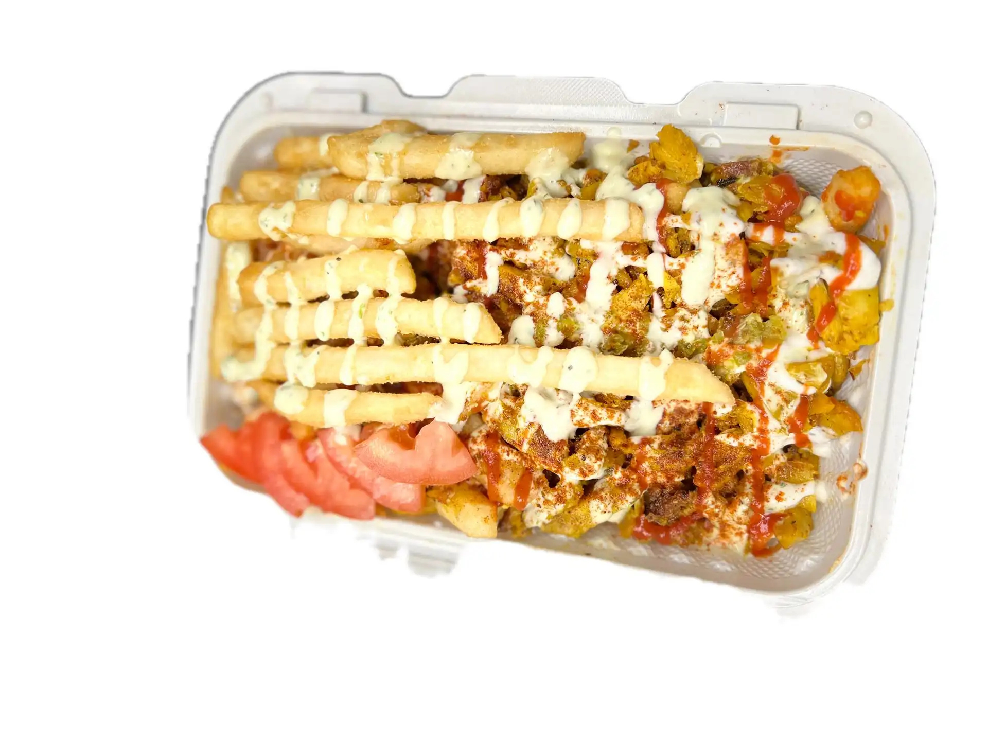 Fries and Chicken - Crispy golden fries topped with tender chicken donair and drizzled with signature sauces